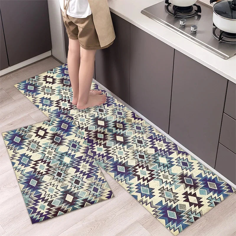 Beautiful Boho Blues Patterned Washable Anti Fatigue Kitchen Rugs